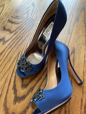 Badgley Mischka Royal Blue Satin Peep-Toe Heels with Crystal Embellishment